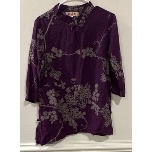 Women's Asian‎ Style Jacket Top Size M Purple Floral Print Frog Closure Boho